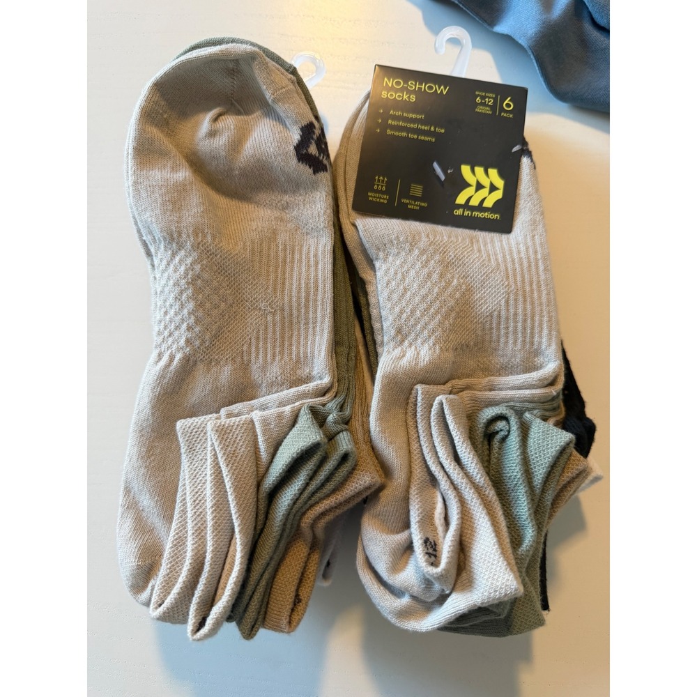 All In Motion Mens No-Show Socks 6 Pack Multi Color Arch Support Shoe Size 6-12